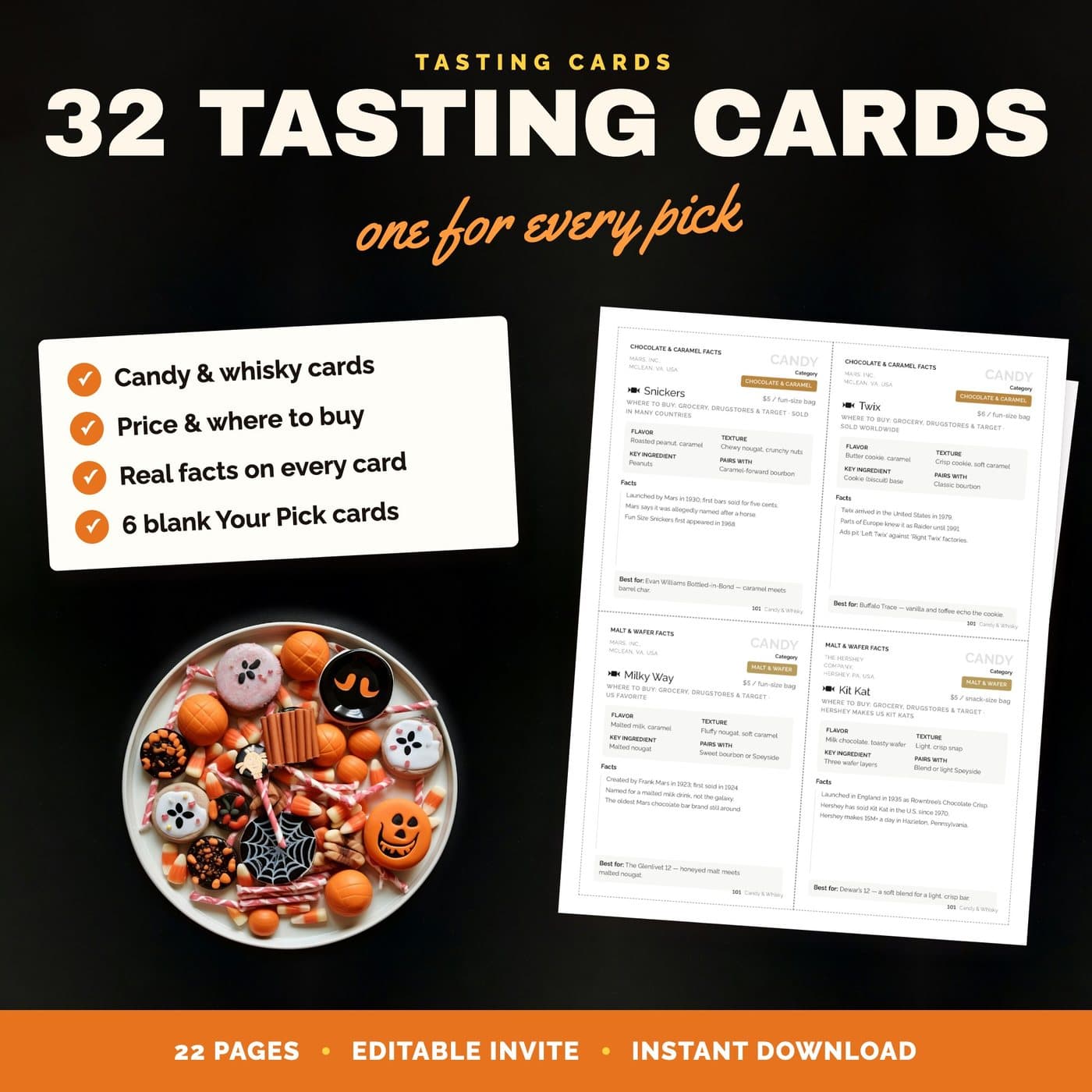 The Casual tasting card from the KingBKits Candy & Whisky kit, listing three pairings with a sip, bite, sip again prompt beside each
