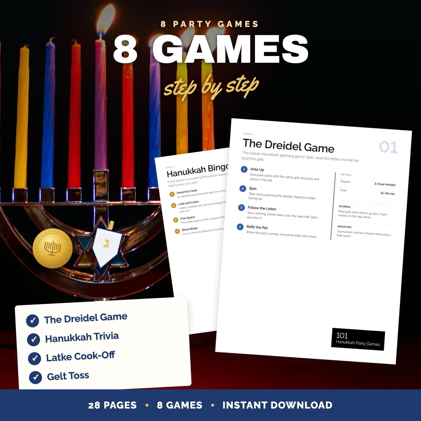 The Dreidel Game and Hanukkah Bingo rule pages in front of a lit menorah, with a gold gelt coin and a dreidel