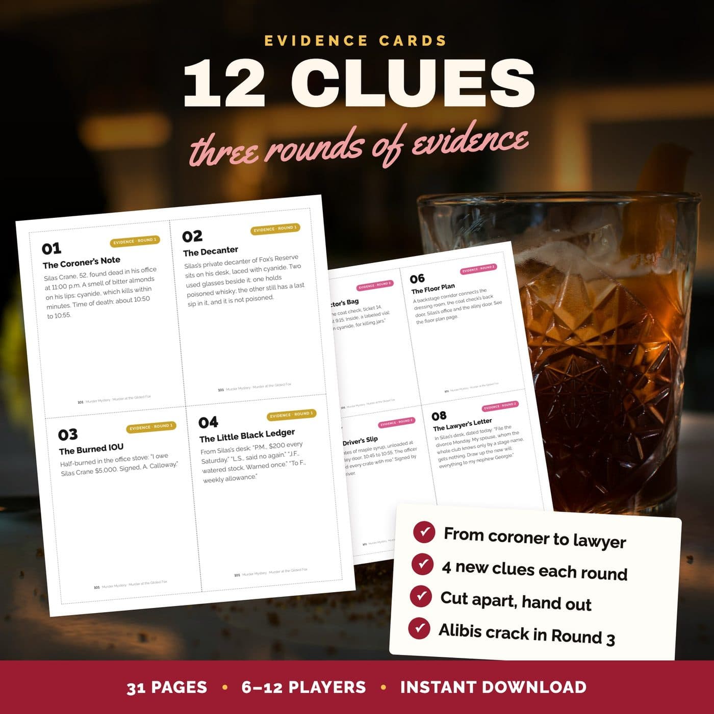 Murder mystery evidence cards