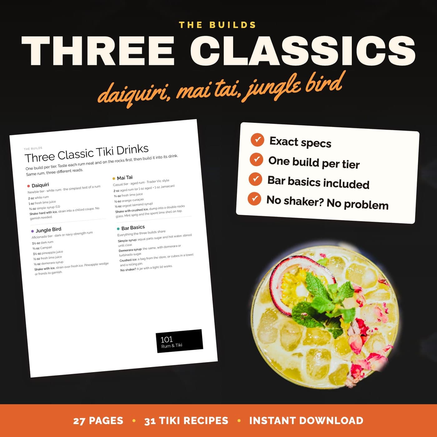 The Tiki Primer page from the Rum & Tiki kit, showing rum styles and the four-part formula