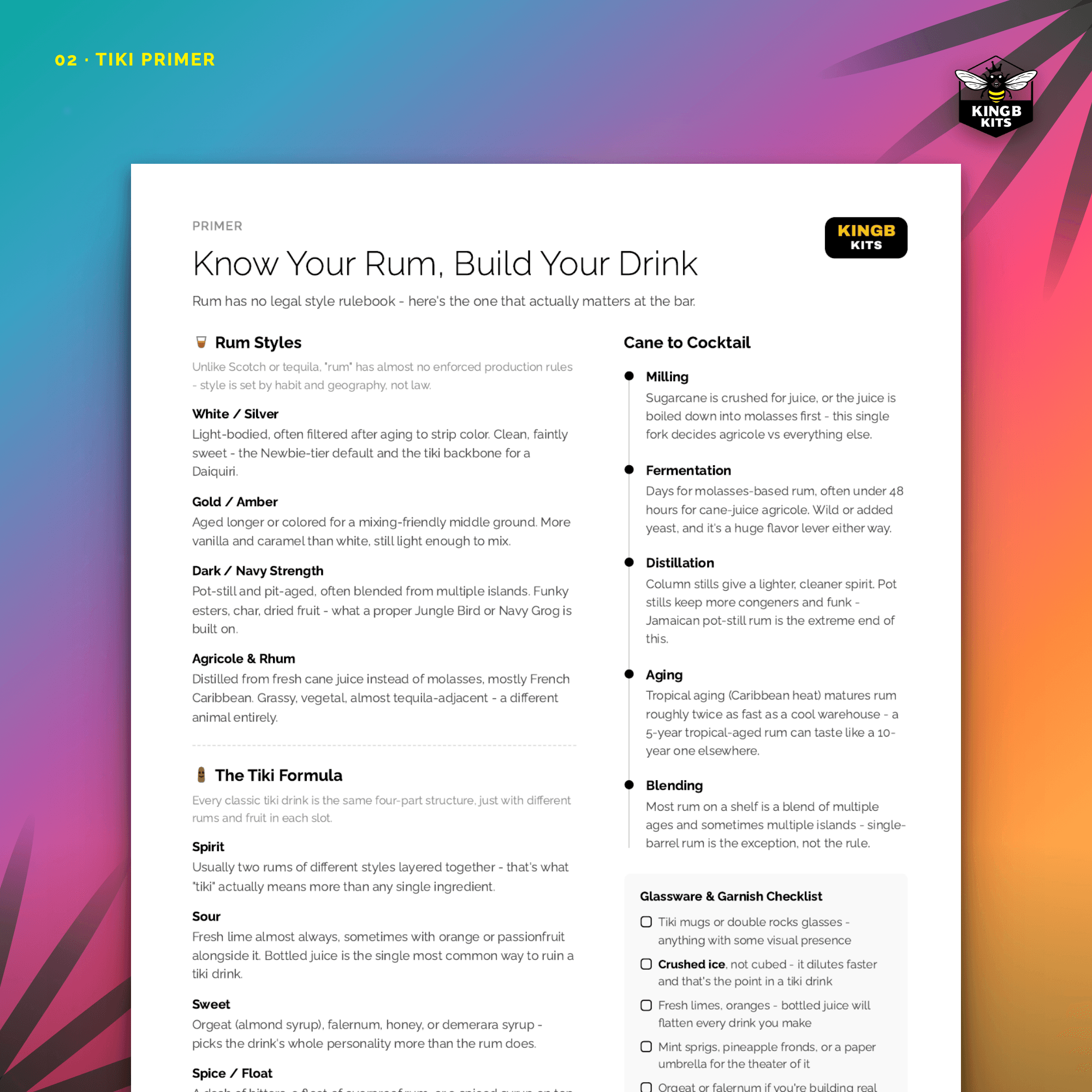 The Tiki Primer page from the Rum & Tiki kit, showing rum styles and the four-part formula